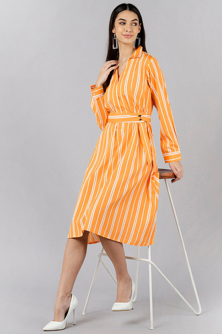 Orange & White Polyester Striped Printed Corporate Dress