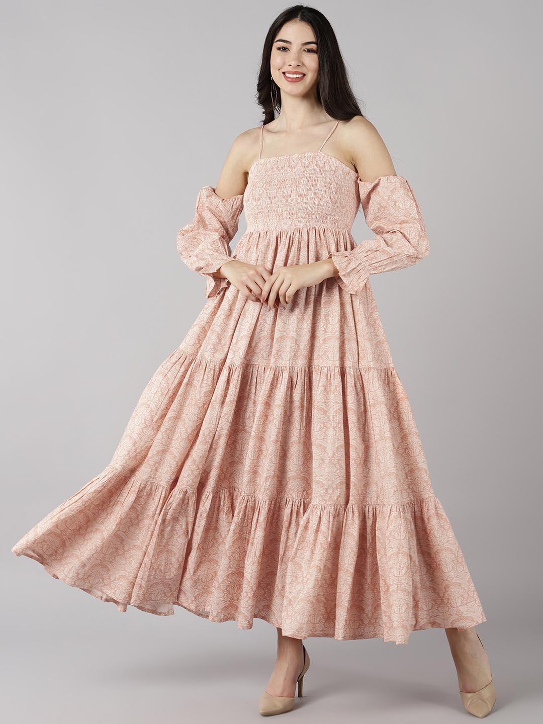 ZERESOUQ-Peach-Cotton-Floral-Print-Strappy-Cold-Shoulder-Maxi-Dress