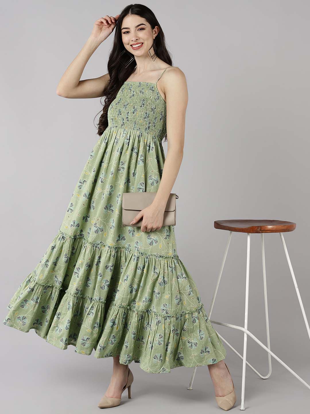 Pale Leaf Green Cotton Floral Printed Strappy Maxi Dress