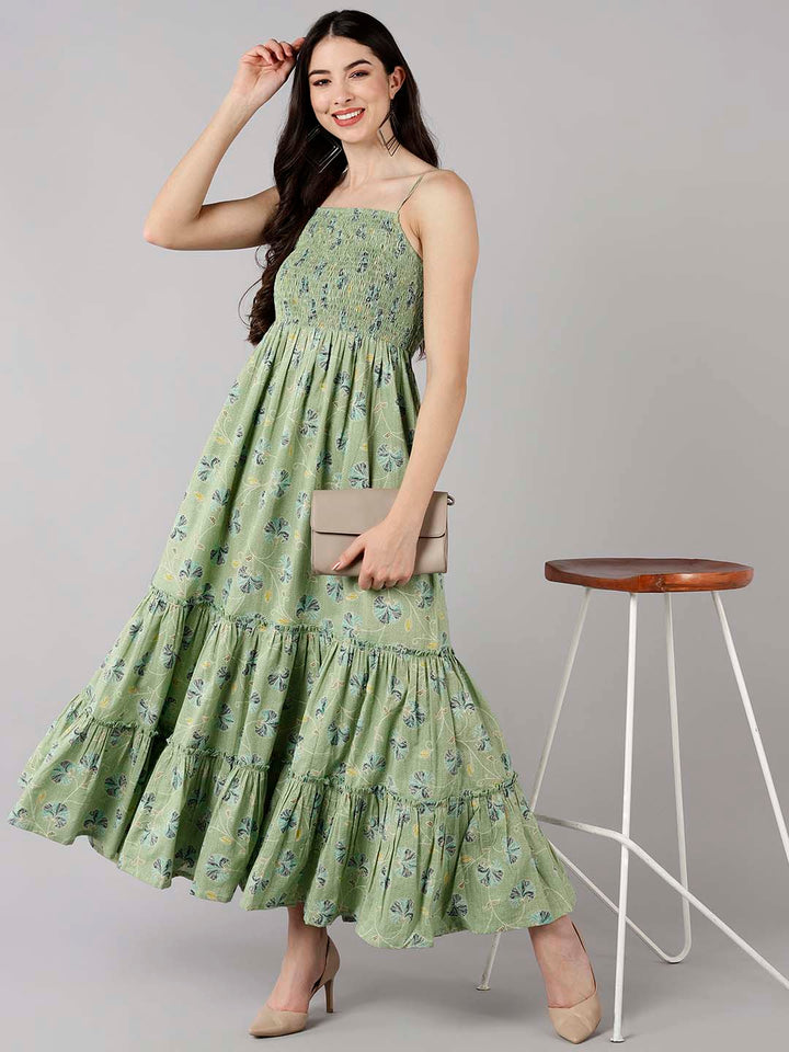 Pale Leaf Green Cotton Floral Printed Strappy Maxi Dress