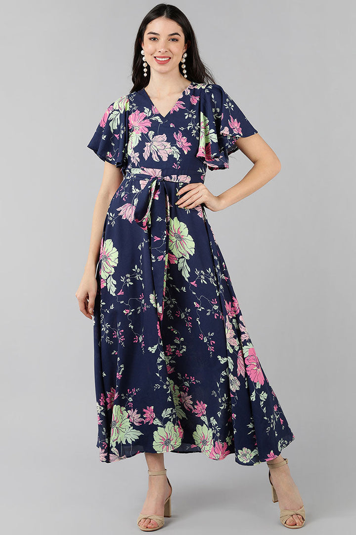Navy Blue Georgette Floral Printed Wrap-Style Maxi Dress
