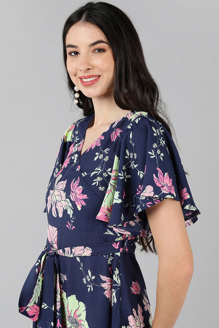 Navy Blue Georgette Floral Printed Wrap-Style Maxi Dress