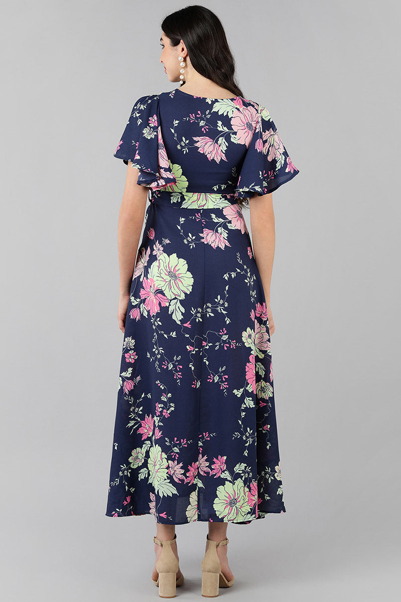 Navy Blue Georgette Floral Printed Wrap-Style Maxi Dress