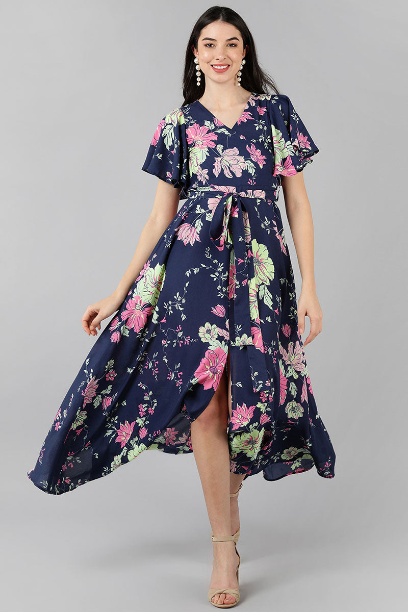 Navy Blue Georgette Floral Printed Wrap-Style Maxi Dress