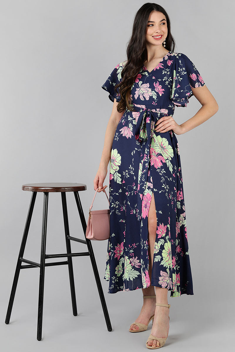 Navy Blue Georgette Floral Printed Wrap-Style Maxi Dress