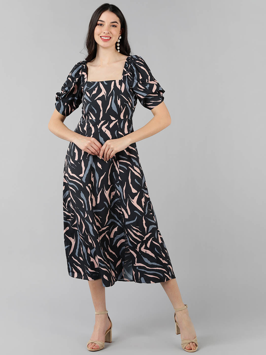 ZERESOUQ-Black-Polyester-Multicolor-Abstract-Zebra-Print-Dress