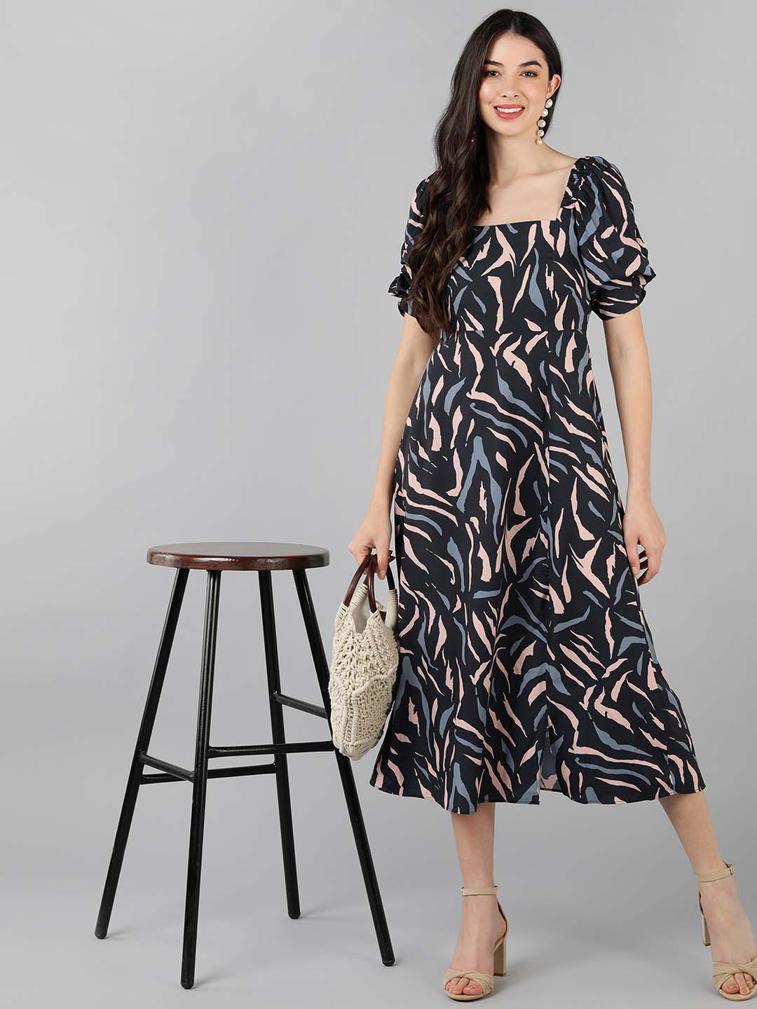 ZERESOUQ-Black-Polyester-Multicolor-Abstract-Zebra-Print-Dress