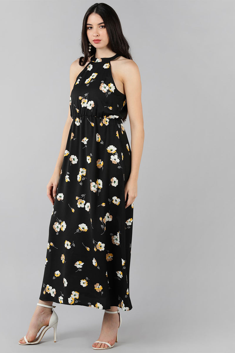 Black Georgette Cute Floral Printed Halter Neck Dress