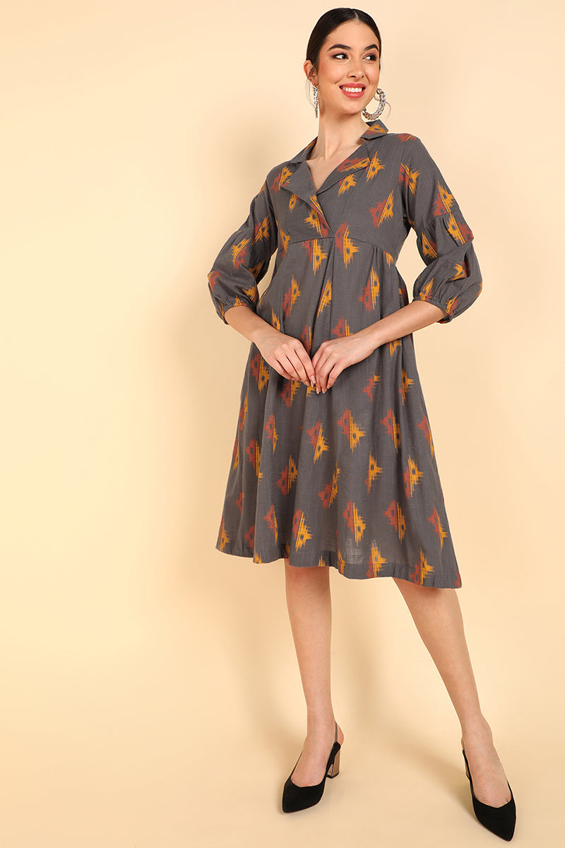 ZERESOUQ-Taupe-Cotton-Conversational-Printed-Dress