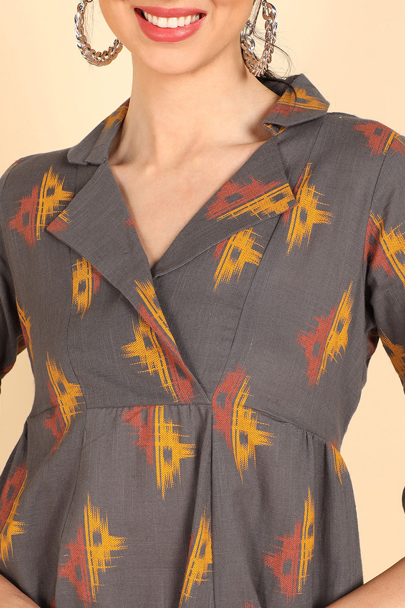 ZERESOUQ-Taupe-Cotton-Conversational-Printed-Dress