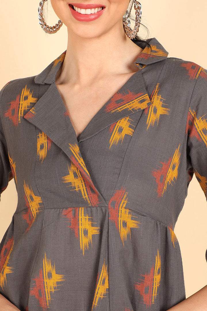 ZERESOUQ-Taupe-Cotton-Conversational-Printed-Dress