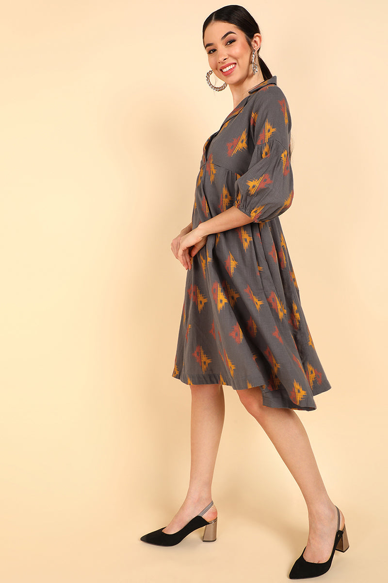 ZERESOUQ-Taupe-Cotton-Conversational-Printed-Dress