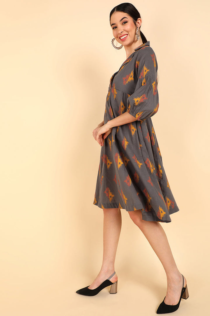ZERESOUQ-Taupe-Cotton-Conversational-Printed-Dress