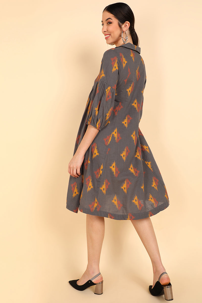 ZERESOUQ-Taupe-Cotton-Conversational-Printed-Dress