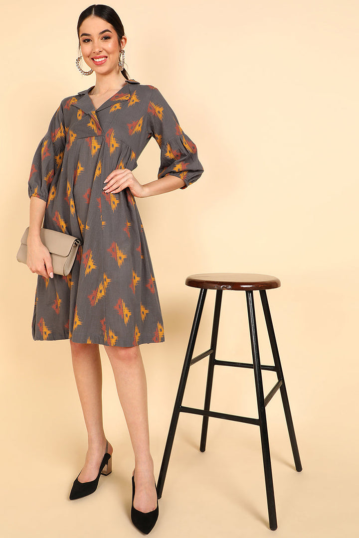 ZERESOUQ-Taupe-Cotton-Conversational-Printed-Dress