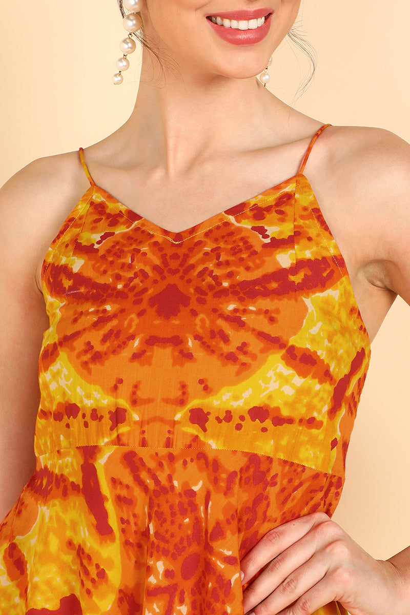 Orange Cotton Shibori Tie-Dye Printed Spagetthi Strap Dress