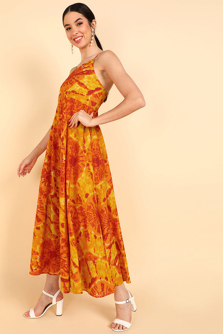 Orange Cotton Shibori Tie-Dye Printed Spagetthi Strap Dress