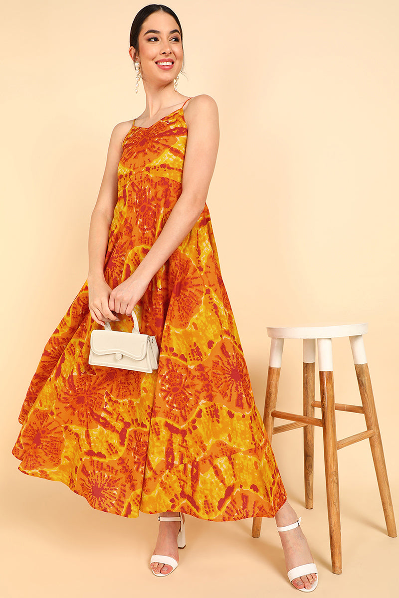 Orange Cotton Shibori Tie-Dye Printed Spagetthi Strap Dress