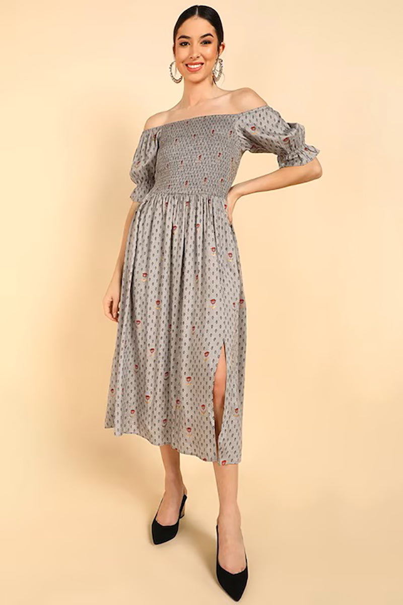 ZERESOUQ-Taupe-Cotton-Off-Shoulder-Dress-with-Left-Leg-Slit