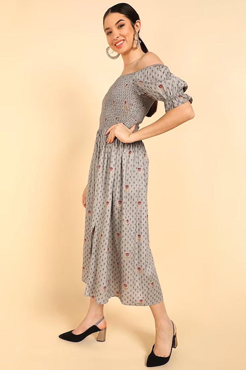 ZERESOUQ-Taupe-Cotton-Off-Shoulder-Dress-with-Left-Leg-Slit