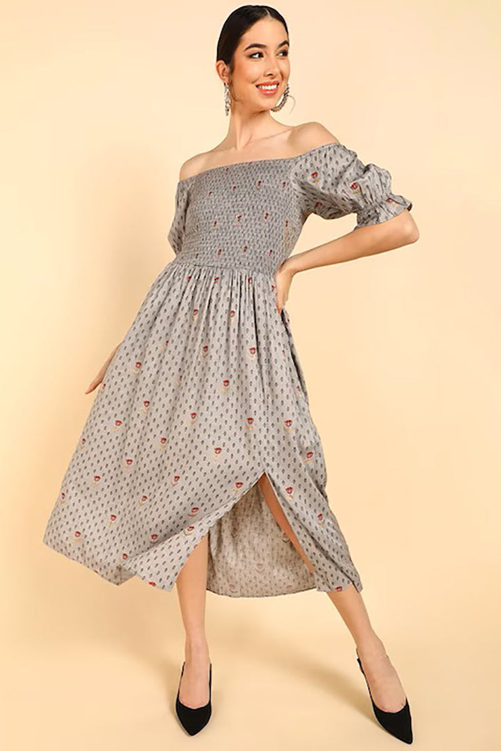 ZERESOUQ-Taupe-Cotton-Off-Shoulder-Dress-with-Left-Leg-Slit