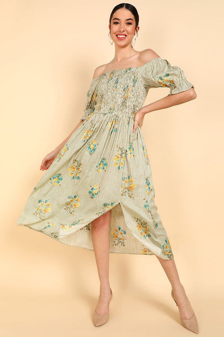 ZERESOUQ-Cream-Cotton-Off-Shoulder-Dress-with-Left-Leg-Slit