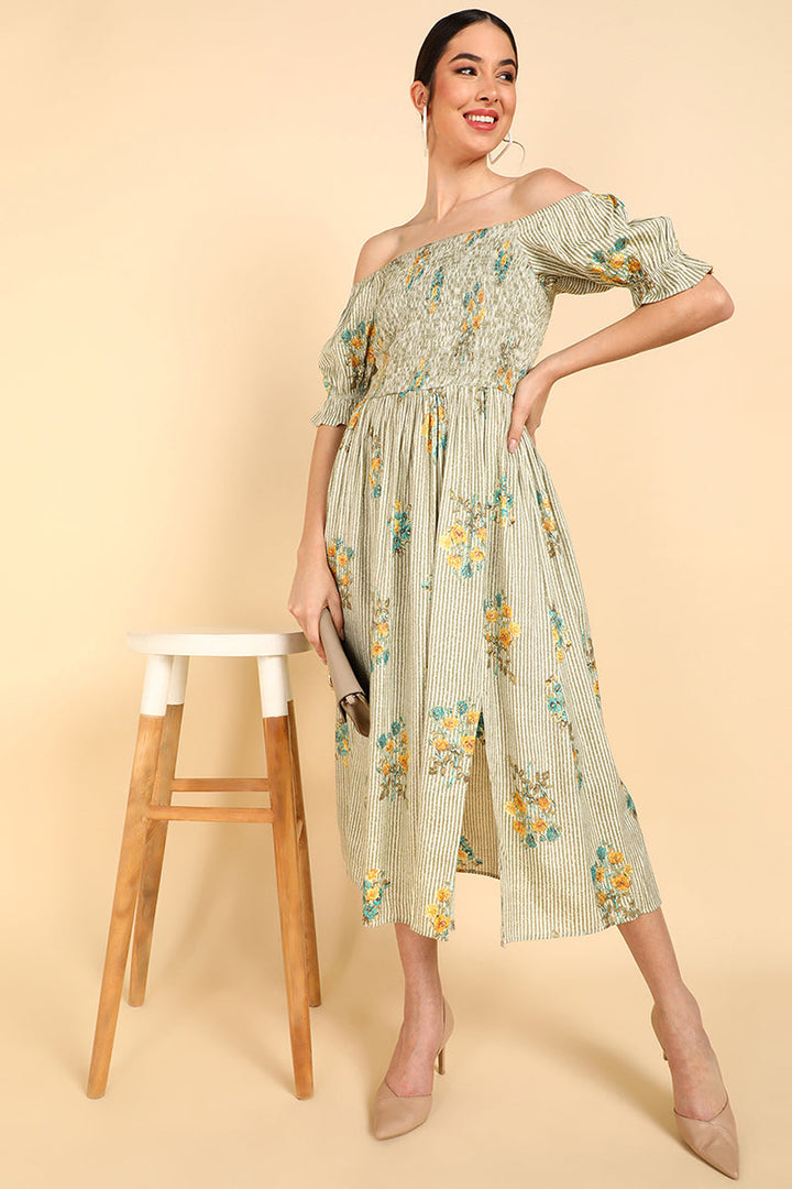 ZERESOUQ-Cream-Cotton-Off-Shoulder-Dress-with-Left-Leg-Slit