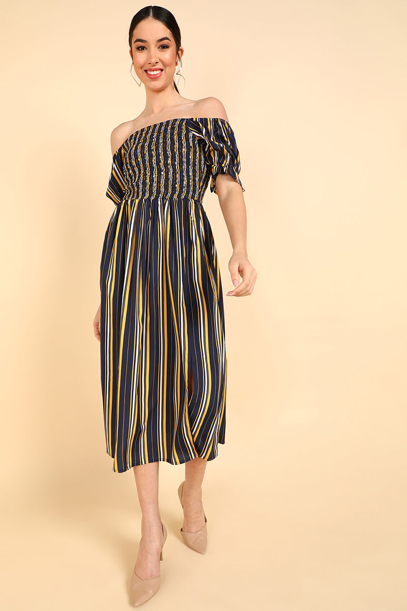 Navy Blue & Yellow Polyester Striped Printed Dress