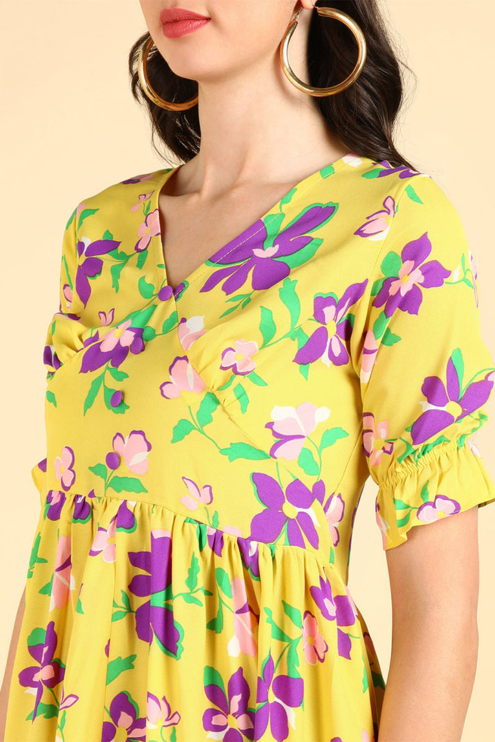 ZERESOUQ-Crayon-Yellow-Georgette-Floral-Printed-Midi-Dress