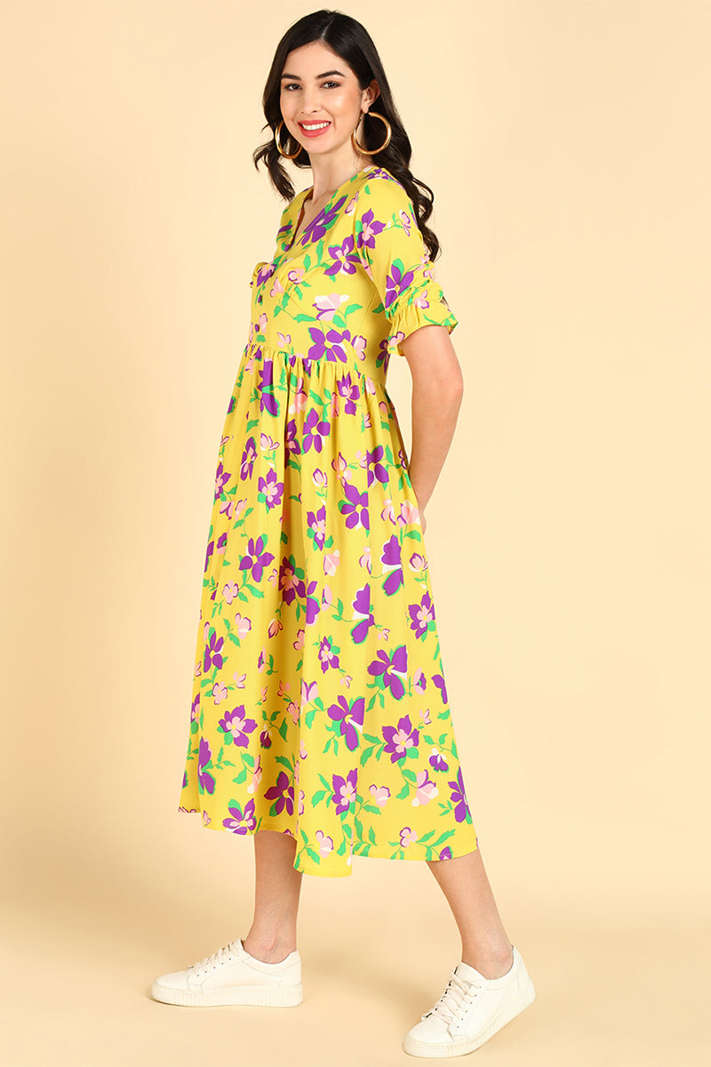 ZERESOUQ-Crayon-Yellow-Georgette-Floral-Printed-Midi-Dress