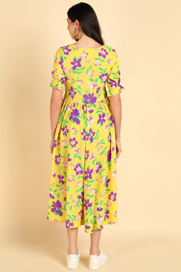 Crayon Yellow Georgette Floral Printed Midi Dress