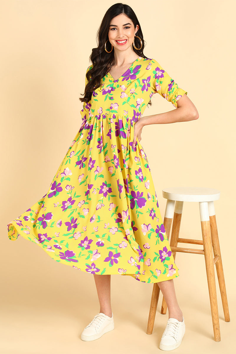 ZERESOUQ-Crayon-Yellow-Georgette-Floral-Printed-Midi-Dress