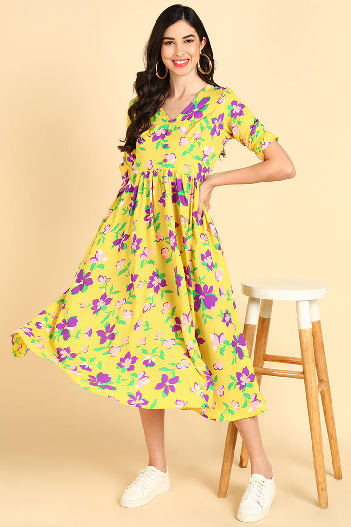 ZERESOUQ-Crayon-Yellow-Georgette-Floral-Printed-Midi-Dress