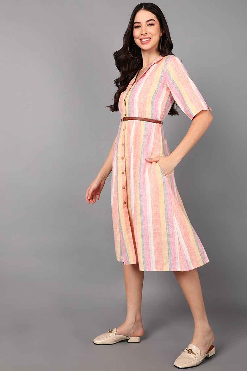 Dominating Peach Cotton Striped Placket Midi Dress