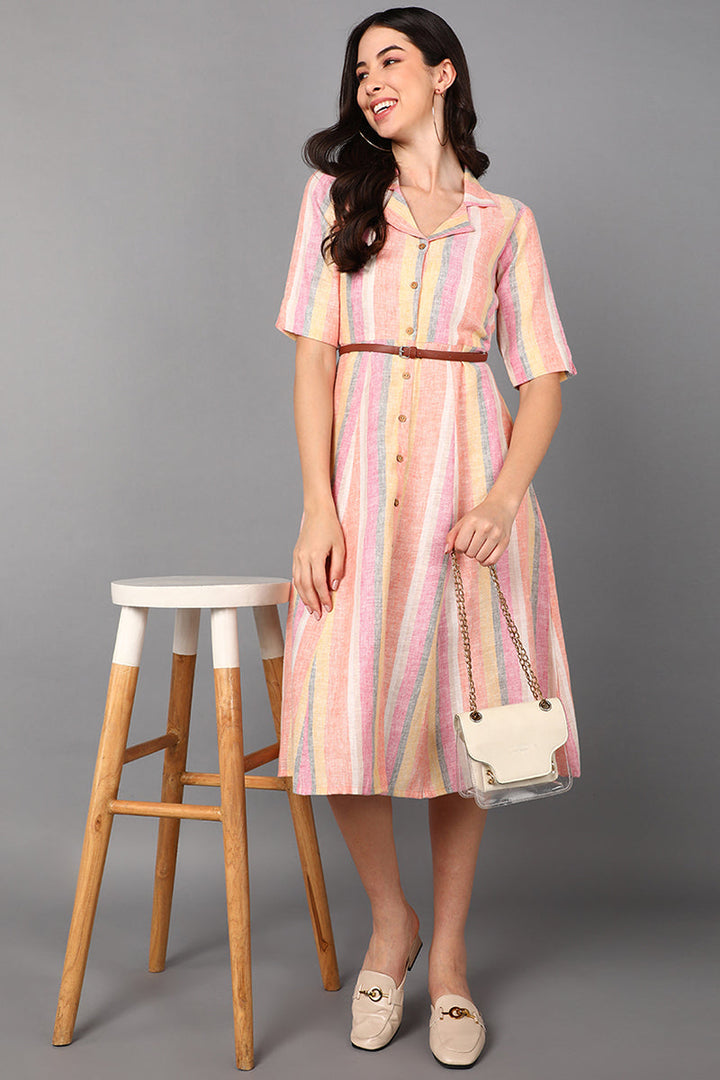 Dominating Peach Cotton Striped Placket Midi Dress