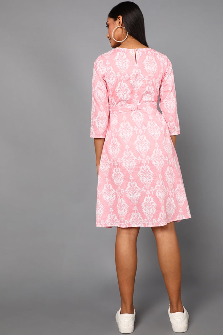 Baby Pink Cotton Ethnic Motifs Printed Short Dress