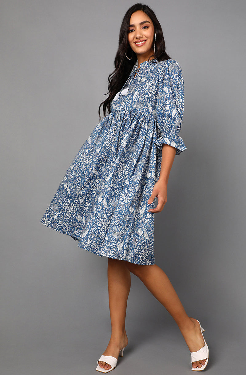 ZERESOUQ-Prussian-Blue-Cotton-Floral-Printed-Midi-Dress