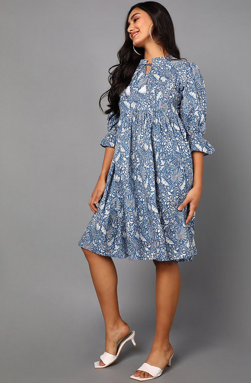 ZERESOUQ-Prussian-Blue-Cotton-Floral-Printed-Midi-Dress