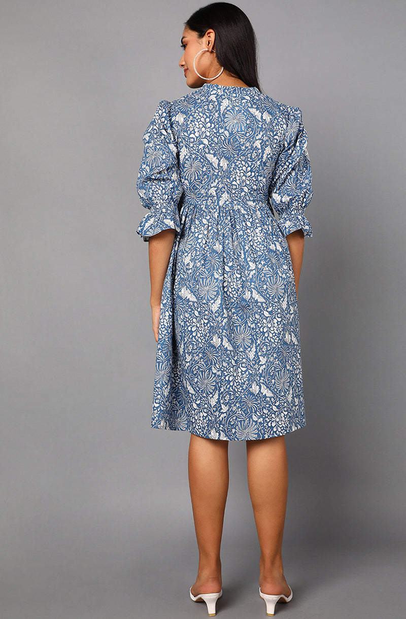 ZERESOUQ-Prussian-Blue-Cotton-Floral-Printed-Midi-Dress