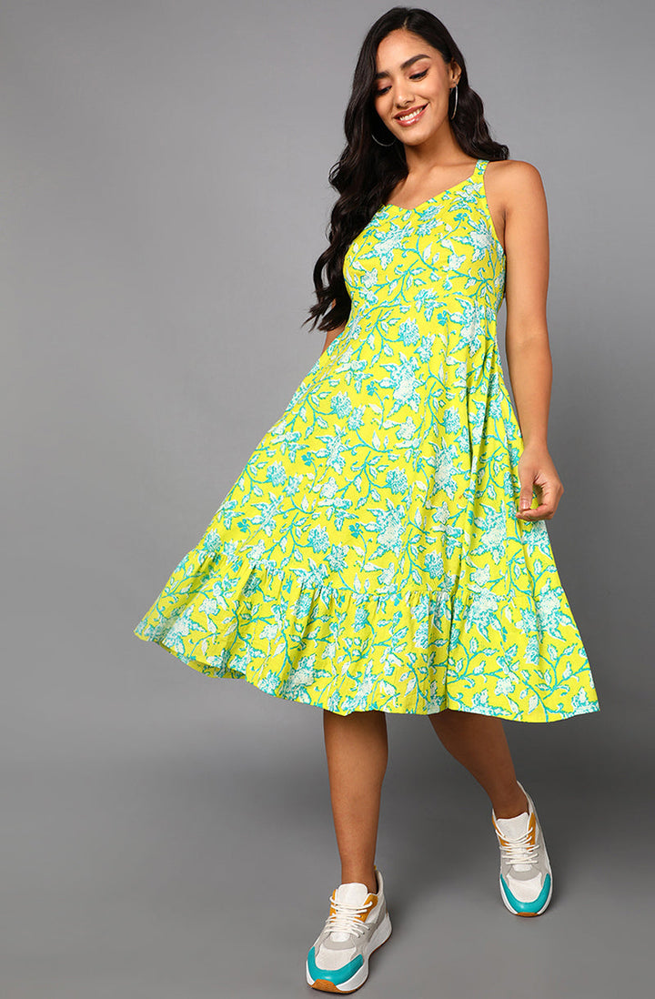 Yellow Cotton Strappy Midi Dress with Minty Floral Prints