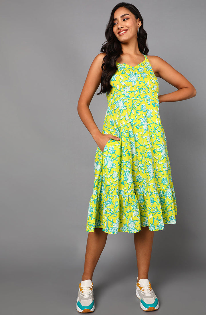 Yellow Cotton Strappy Midi Dress with Minty Floral Prints