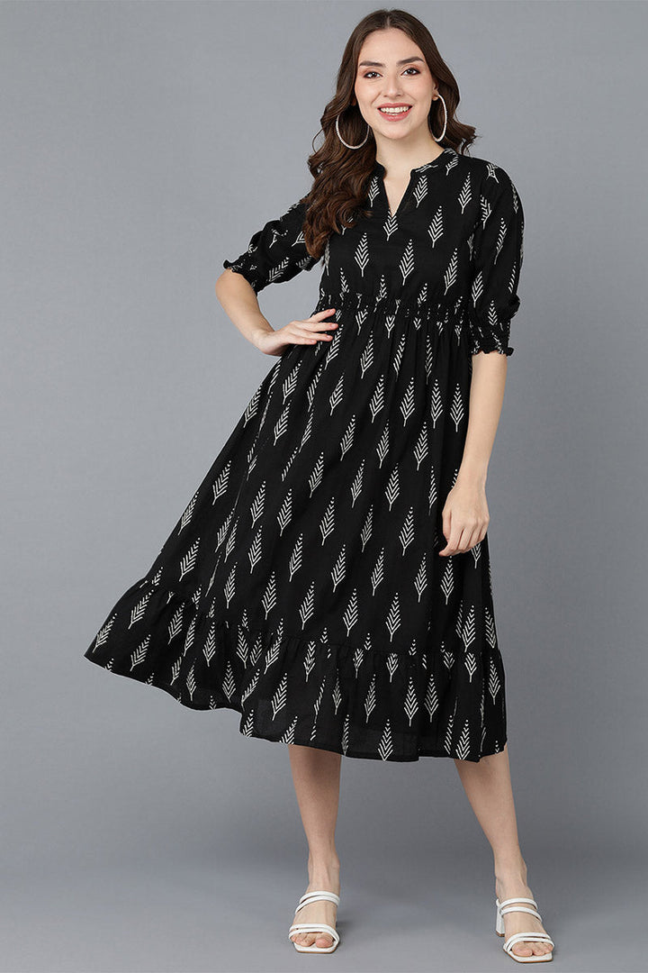 ZERESOUQ-Black-Cotton-Geometric-Pine-Print-Midi-Dress