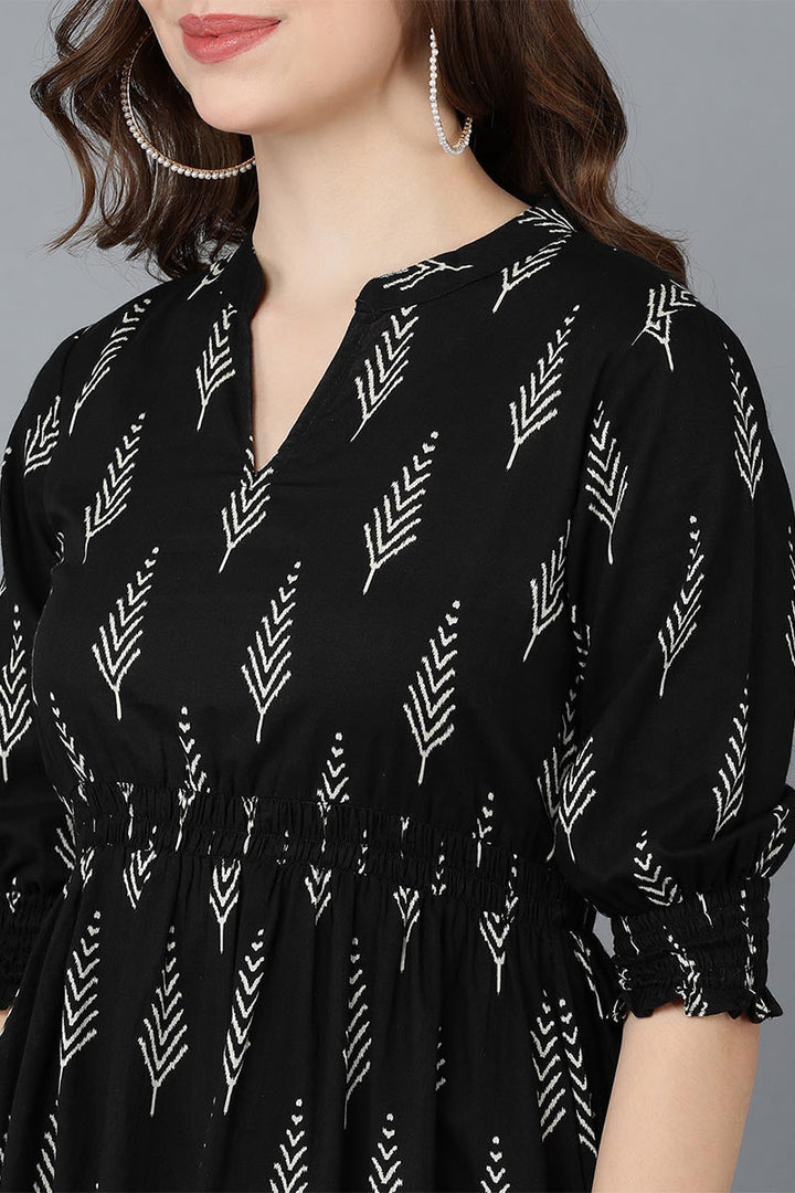 ZERESOUQ-Black-Cotton-Geometric-Pine-Print-Midi-Dress