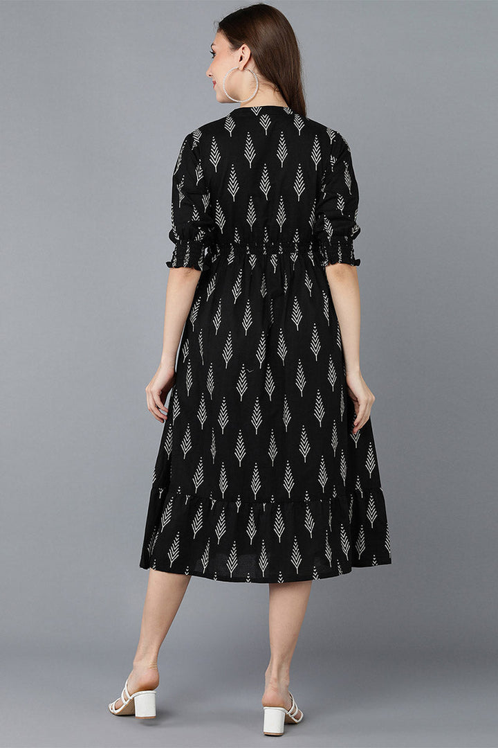ZERESOUQ-Black-Cotton-Geometric-Pine-Print-Midi-Dress