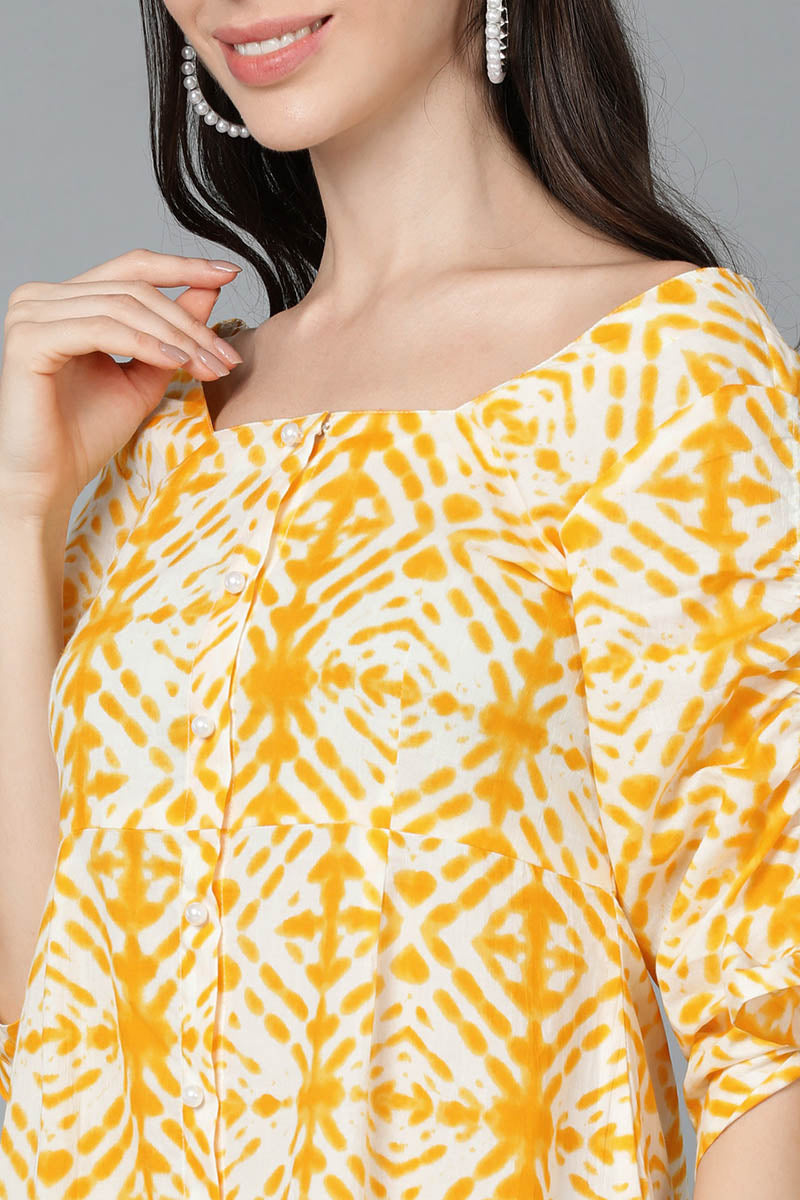 Yellow Cotton Shibori Tie & Dye Print Placket Midi Dress