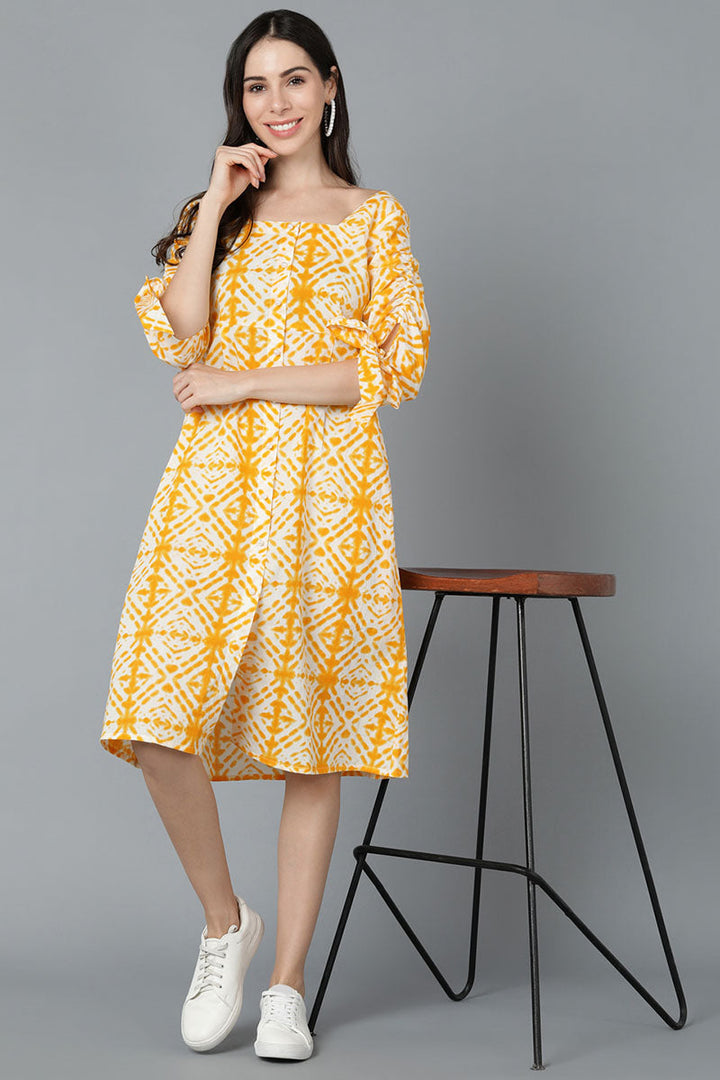 Yellow Cotton Shibori Tie & Dye Print Placket Midi Dress