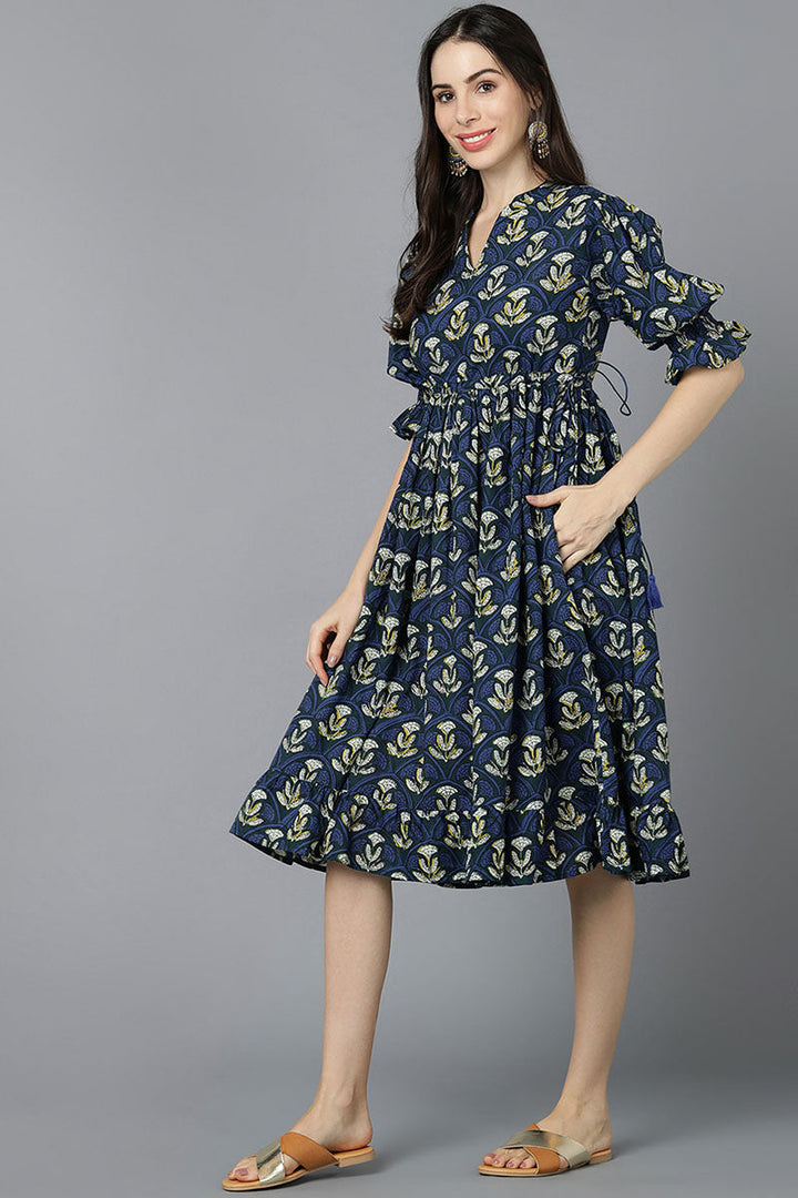 Navy Blue Cotton Midi Dress in Grey Ethnic Floral Prints