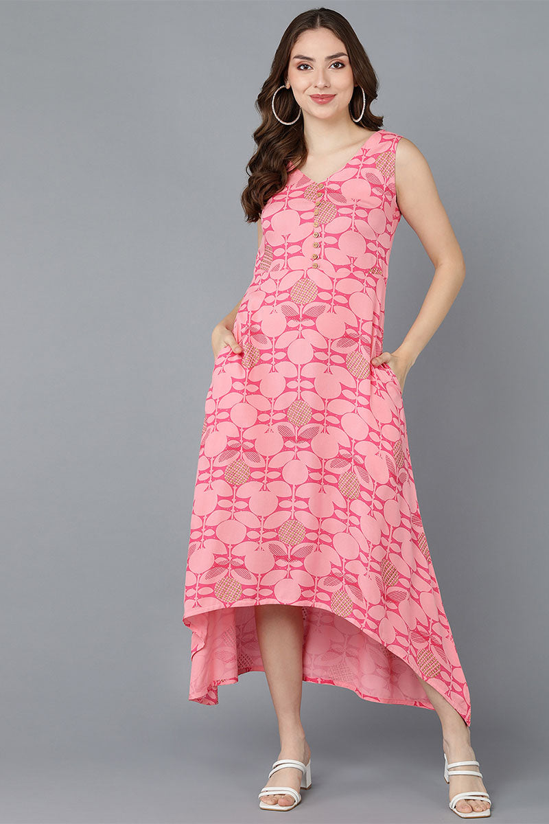 Pink Cotton Geometric Printed High-Low Sleeveless Dress