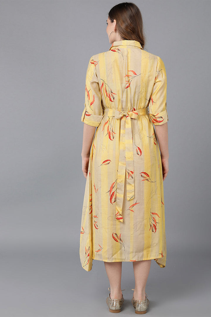 Yellow & Beige Crepe Striped Printed Midi Dress