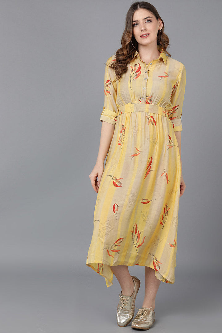 Yellow & Beige Crepe Striped Printed Midi Dress
